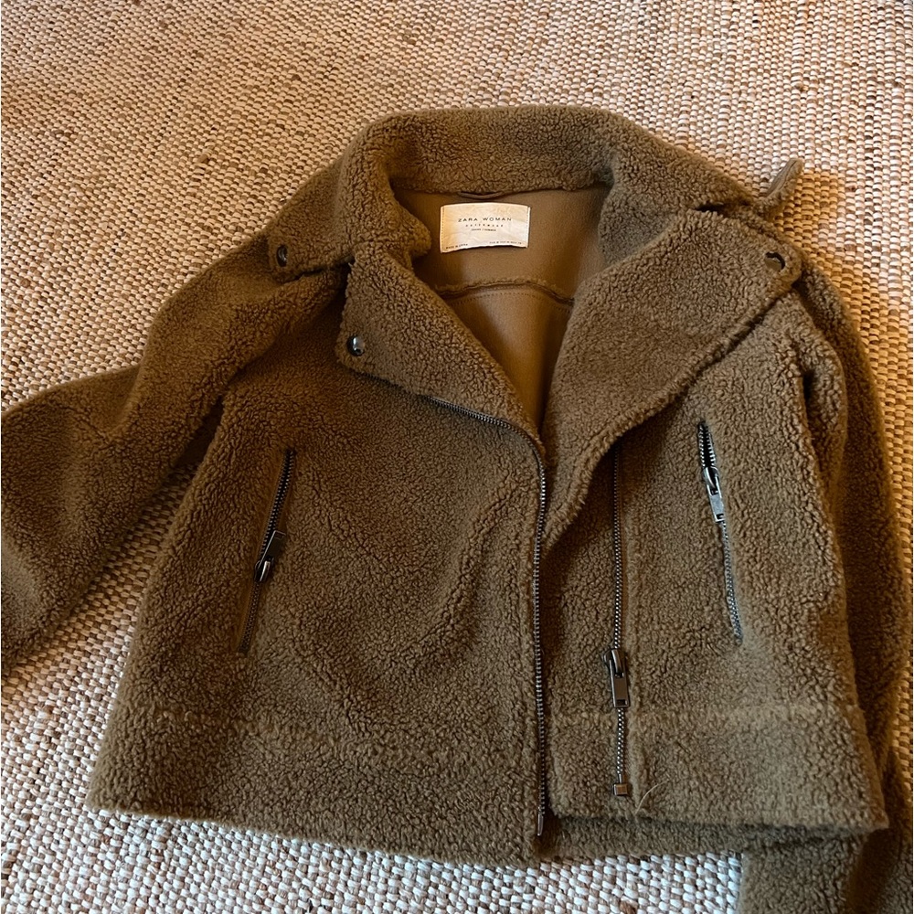 ZARA Jacket Women Size Large Caramel Brown Faux Fur Biker Teddy Short Length